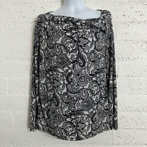 Liz Claiborne Womens Top XL Black White Paisley Long Sleeve Stretch AC12